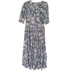 Vintage Laura Ashley Bucolic Pastel Pink Floral Dress Blue Puff Sleeve US 8 UK10